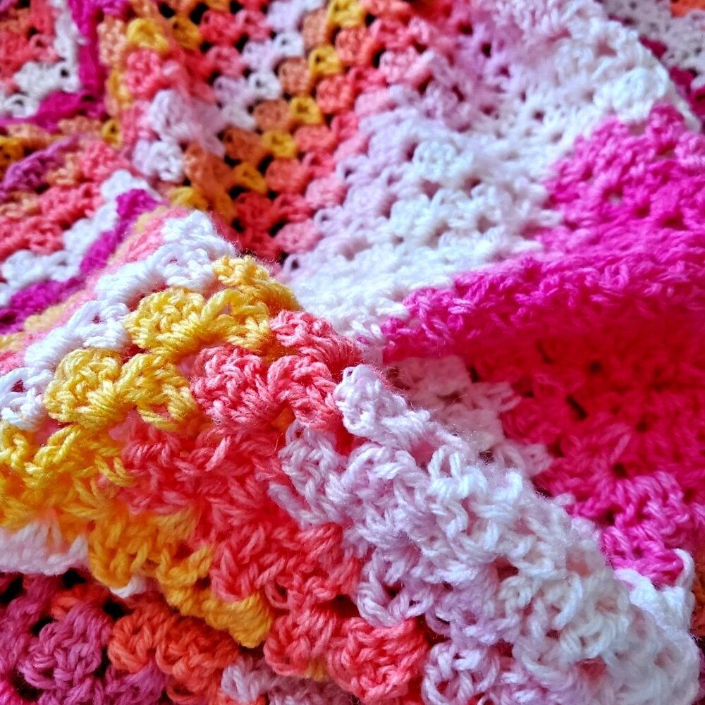 Crochet BABY BLANKET AFGHAN GRANNY SQUARE 29"x 29" PINK YELLOW ORANGE WHITE